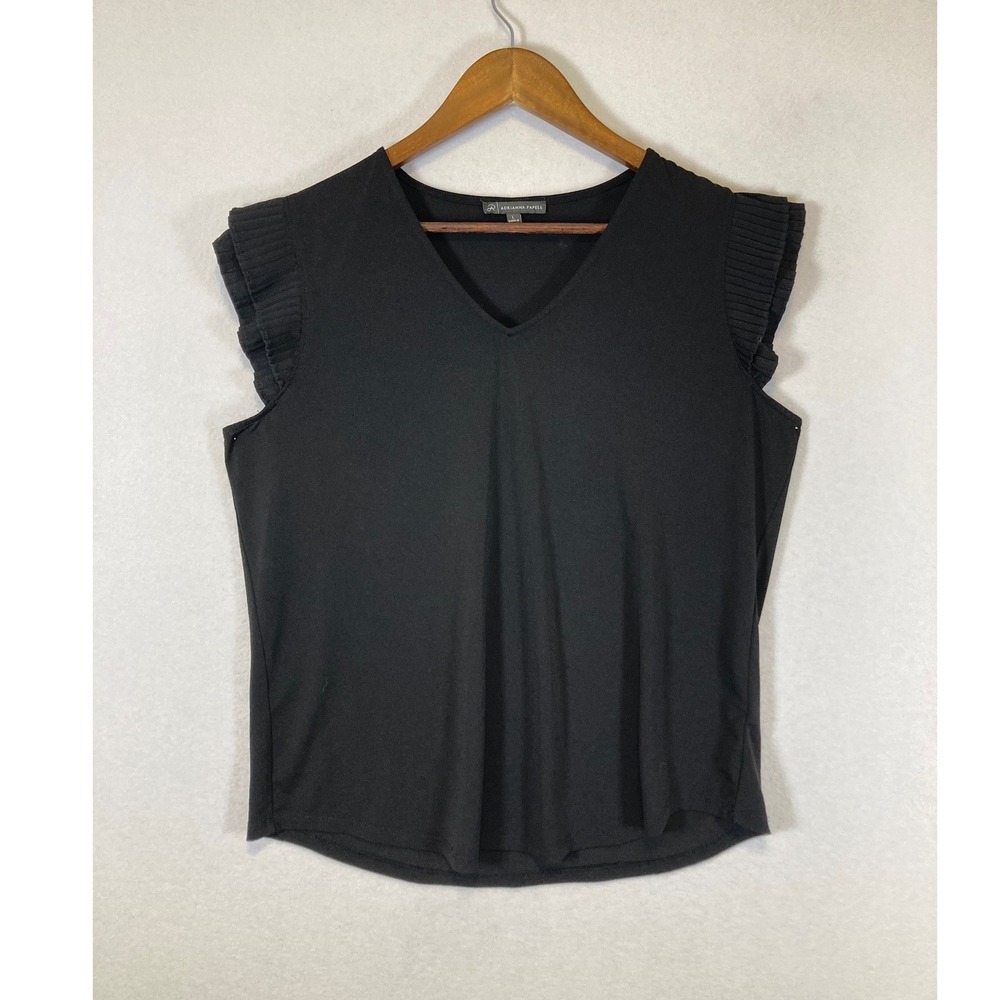 Chic Professional Adrianna Papell Women L Black Pleated Ruffle Cap Sleeve Top‎